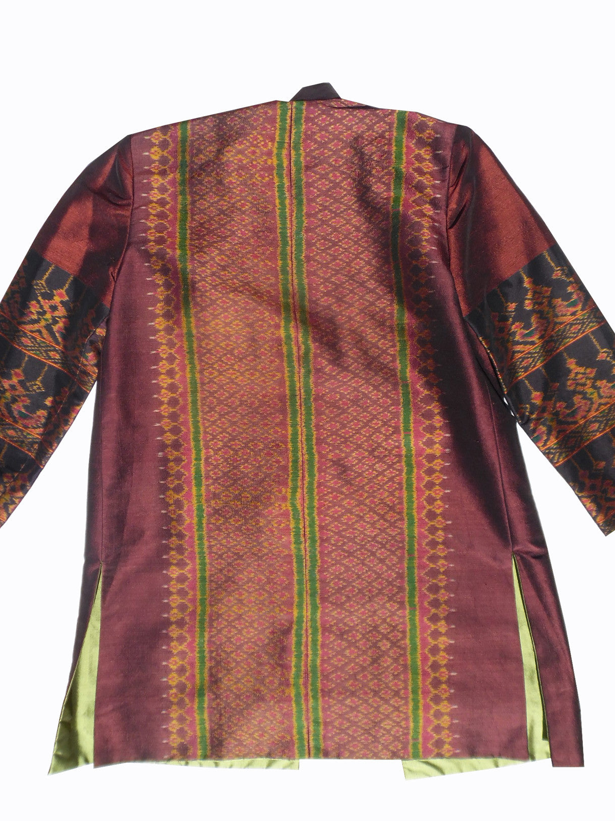 Long Mandarin Silk Ikat Evening Jacket with Lemongrass Lining