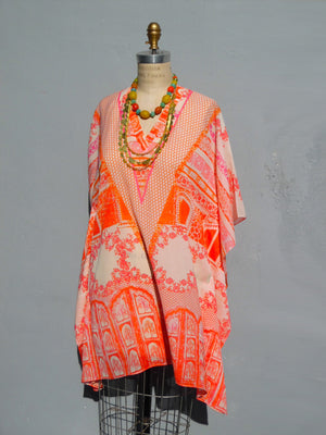 Caftan Silk Cotton Chinoiserie Orange And Pink