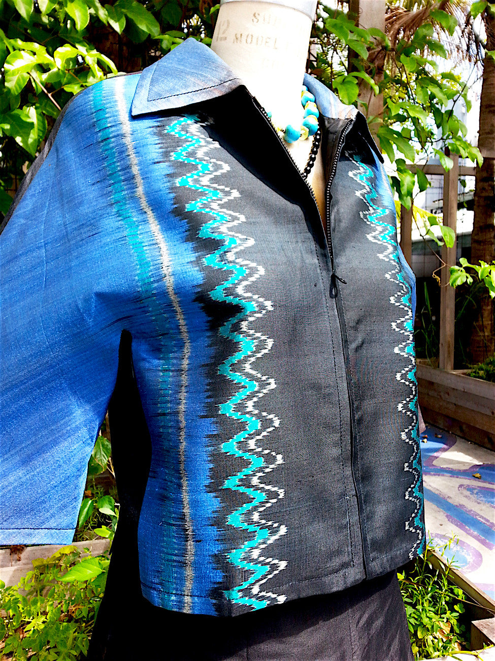 Modern Ikat Couture Cut Jacket Black Cobalt Turquoise