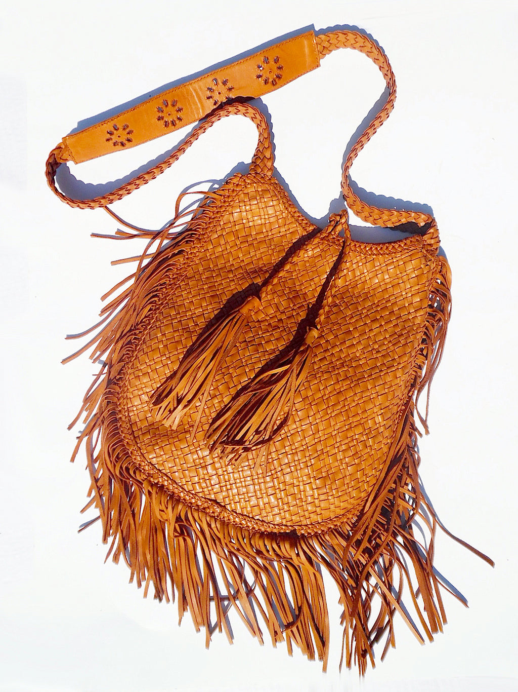 Hand Woven Leather Shoulder Cross Body Bag And Fringe Cognac