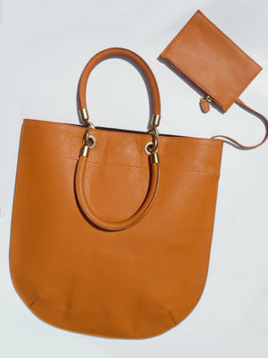 Flat Oblong Pebble Grain Leather Tote Bag Orange
