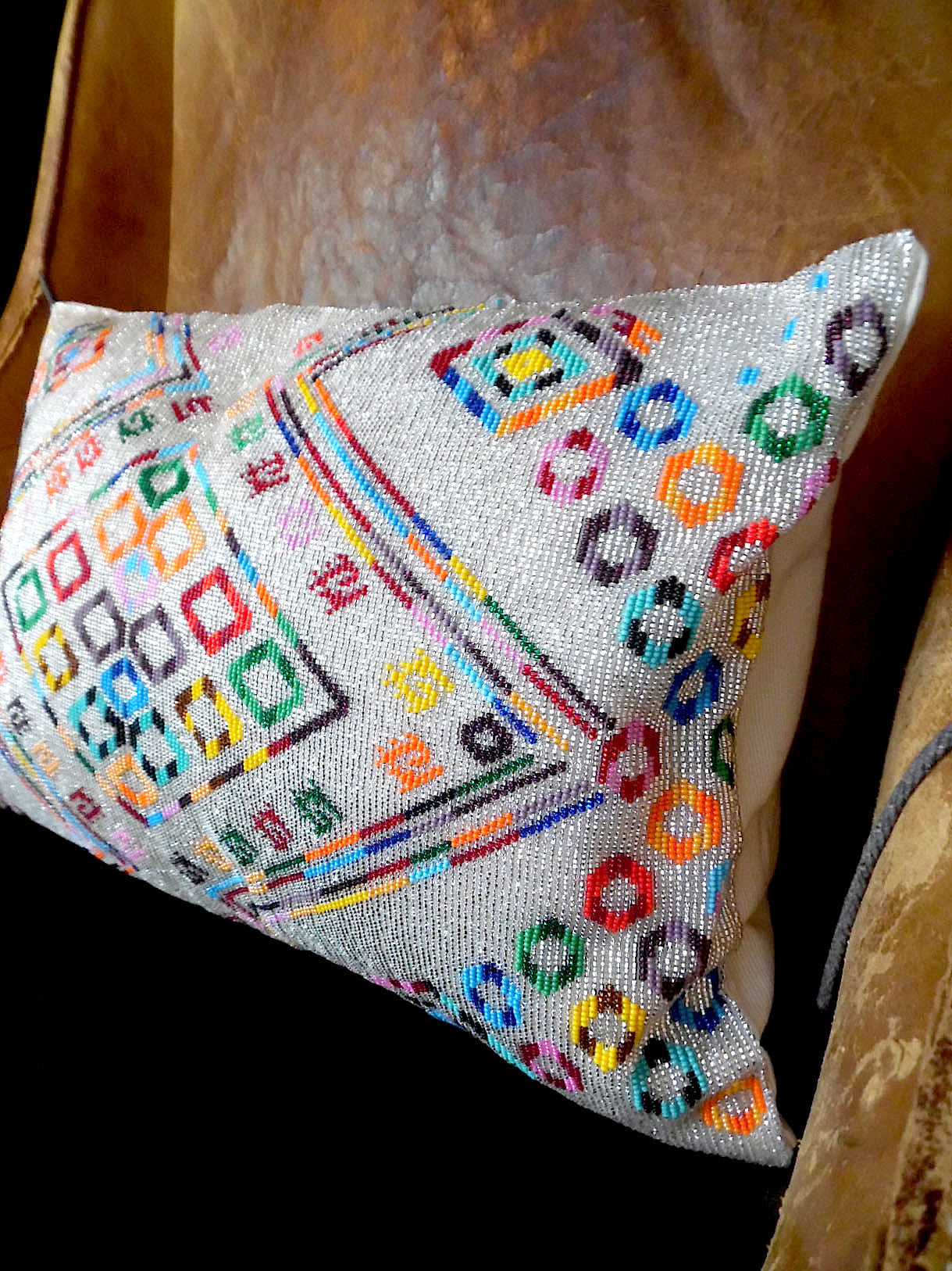 Hand Beaded Pillow Mayan Design White