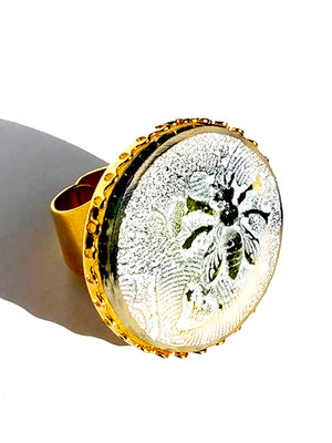 Ring Hand Cast French Glass Bee Round Gold Plated Band