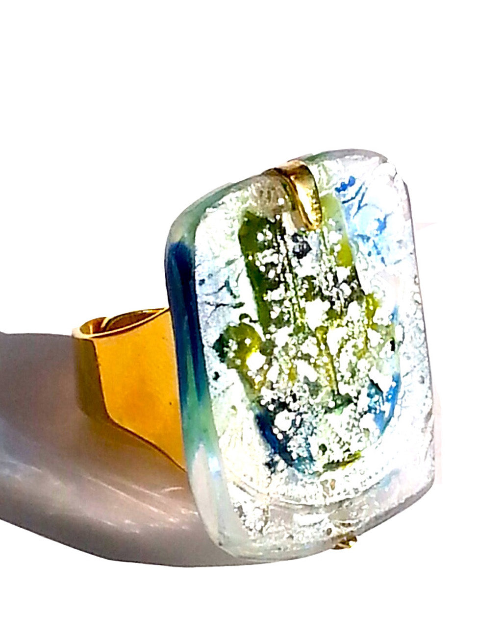Ring Hand Cast French Glass Hamsa Blue Green Gold Plated Band