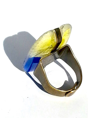 Ring Hand Cast French Glass Horse Blue and Yellow