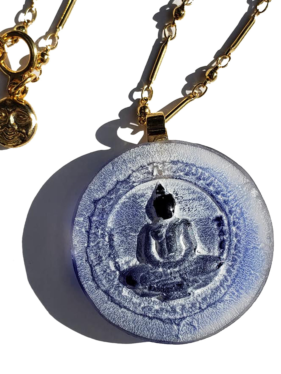 Necklace Hand Cast French Glass Buddha Blue