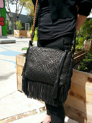 Hand Woven Leather Clutch With Fringe And Tassel Metallic - Crossbody Strap