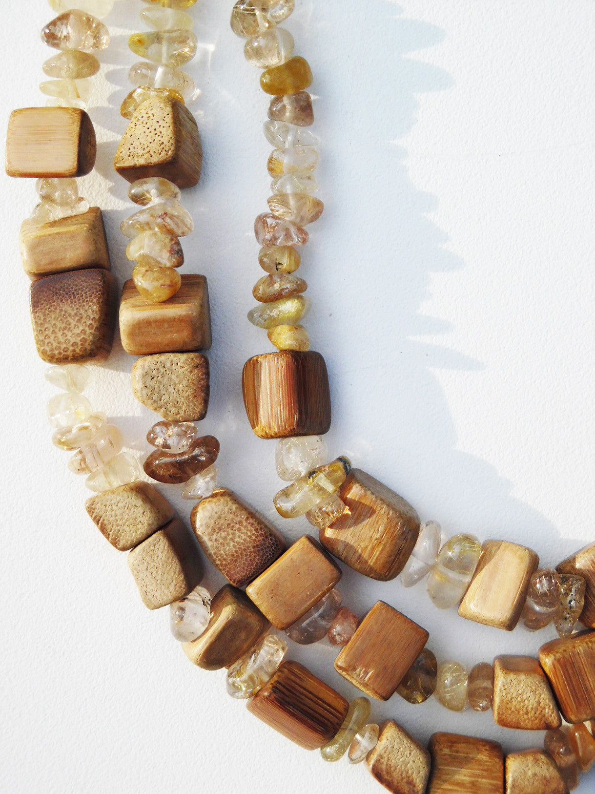 Necklace Triple Strand Rutillated Quartz and Wood