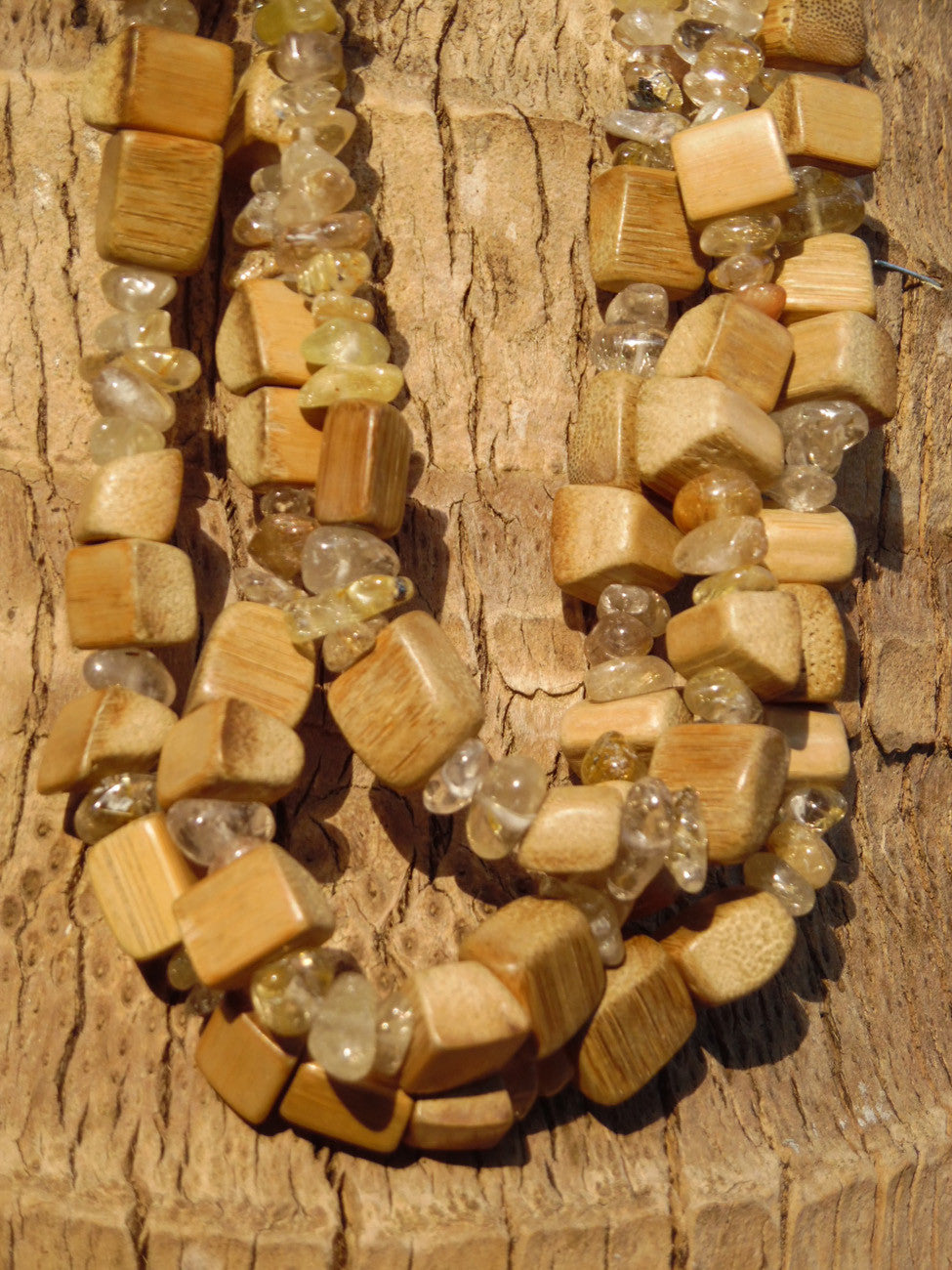 Necklace Triple Strand Rutillated Quartz and Wood