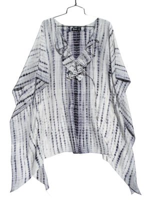 Silk Caftan Tunic With Ruffle Black And White Shibori