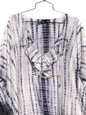 Silk Caftan Tunic With Ruffle Black And White Shibori