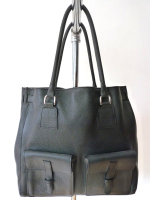 Doble Tote Bag Pebble Grain Leather Black Or Moss