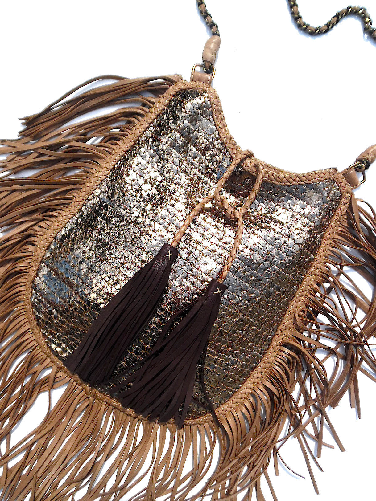 Hand Woven Leather Shoulder Cross Body Bag with Contrast Tassel