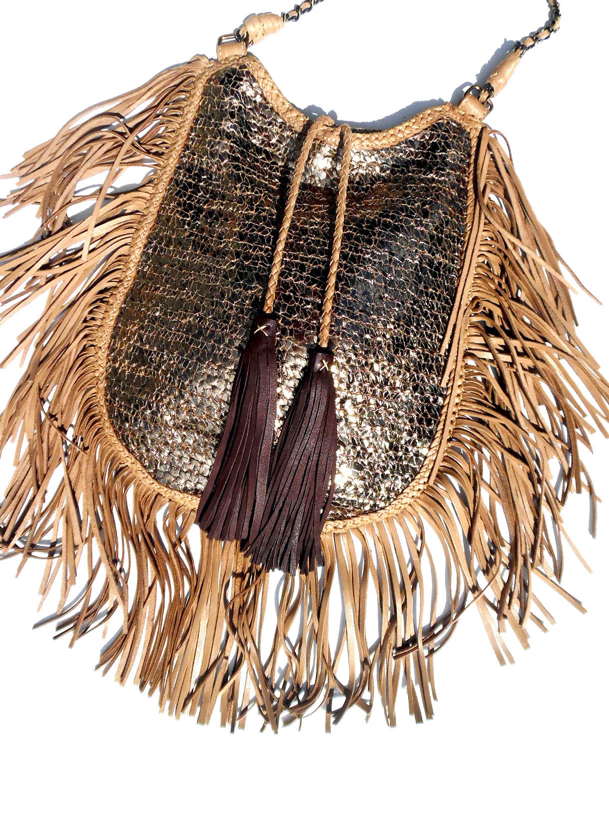 Hand Woven Leather Shoulder Cross Body Bag with Contrast Tassel