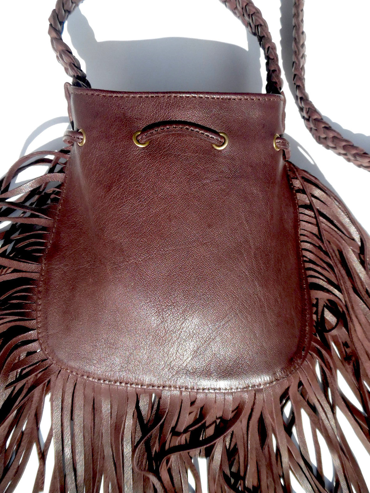 Tricot Woven Leather Crossbody Hobo Drawstring Bag with Fringe