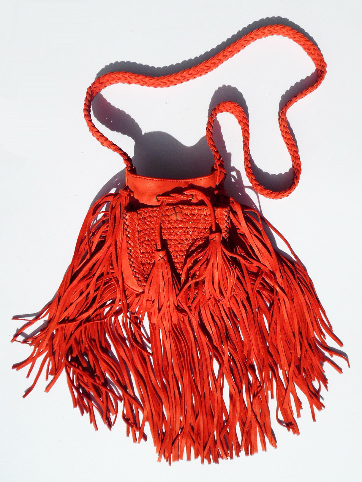 Tricot Woven Leather Crossbody Hobo Drawstring Bag with Fringe