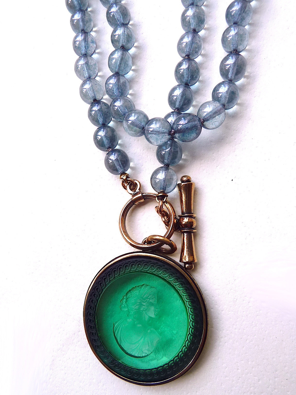 Necklace Intaglio On 30 Inch Glass Bead Deep Green Turquoise
