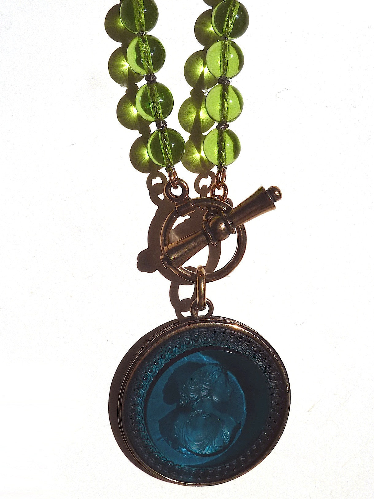 Necklace Intaglio On 30 Inch Glass Bead Periwinkle Bright Green