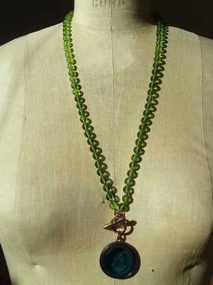 Necklace Intaglio On 30 Inch Glass Bead Periwinkle Bright Green