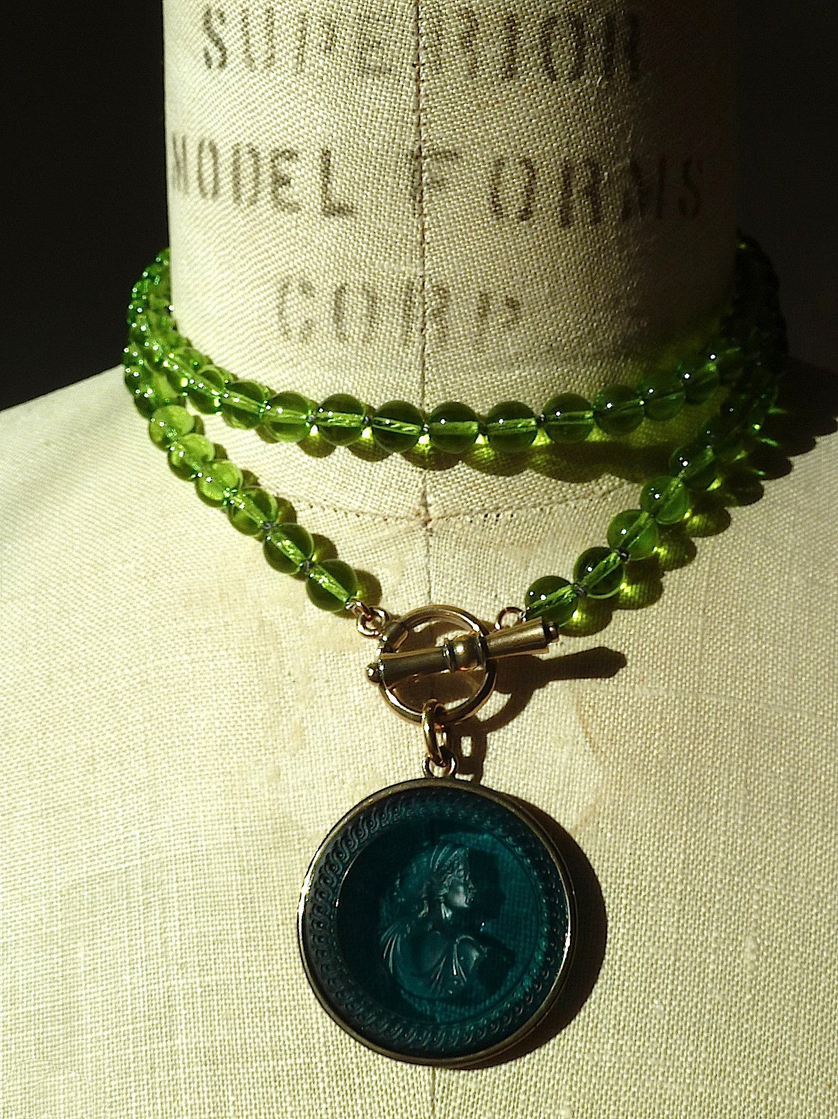 Necklace Intaglio On 30 Inch Glass Bead Deep Green Turquoise