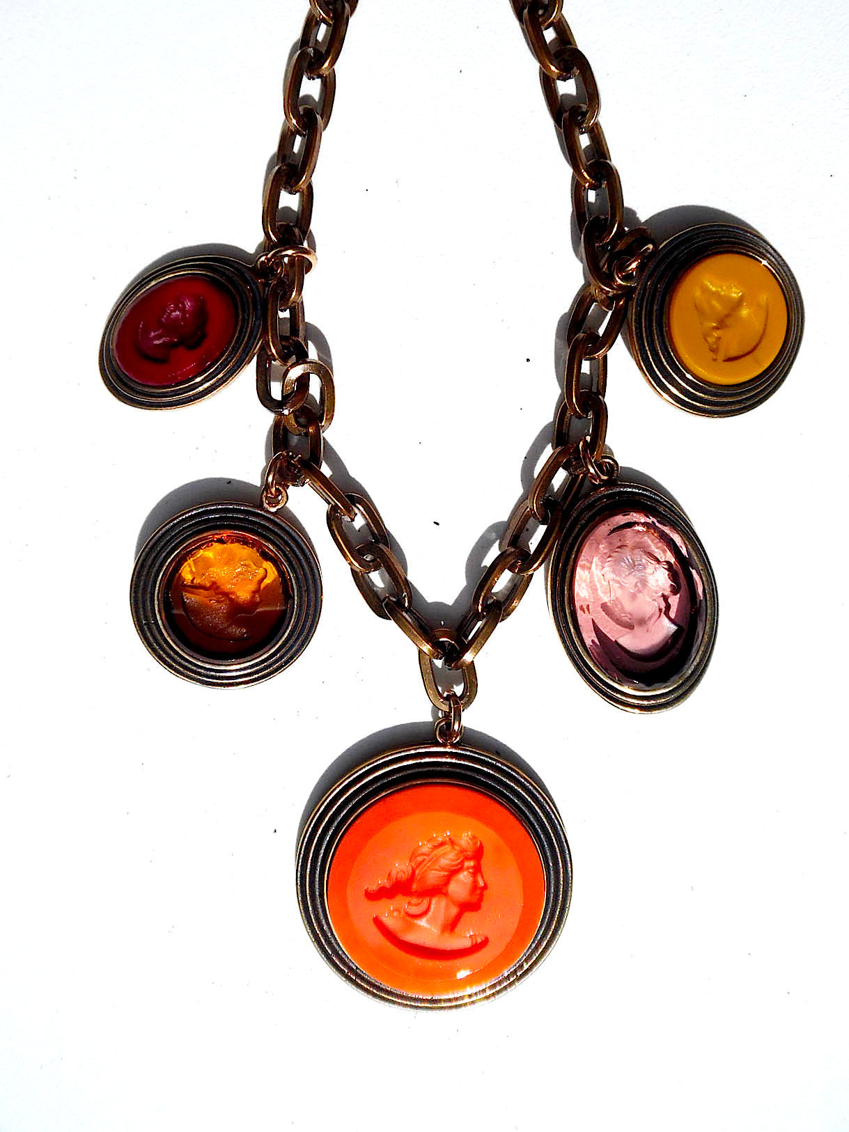 Necklace Bib Of Multi Intaglios  Orange and Pink