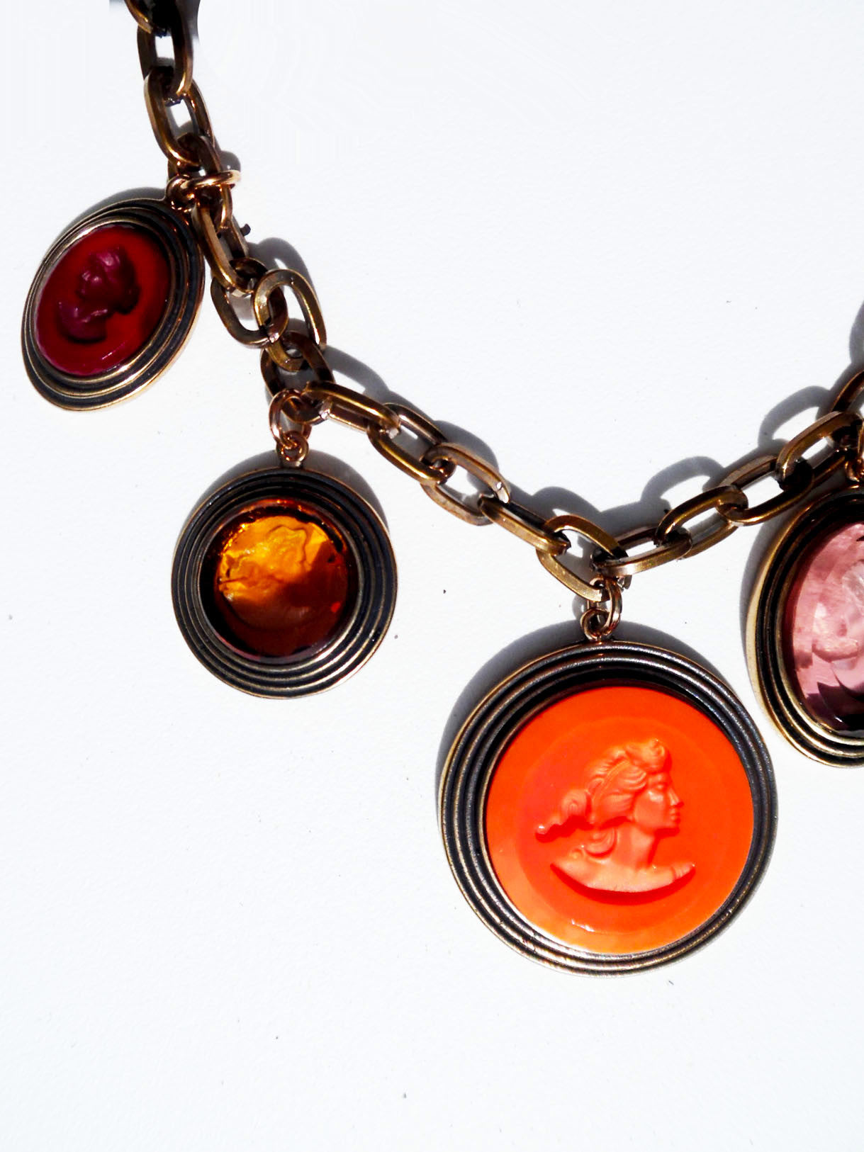 Necklace Bib Of Multi Intaglios  Orange and Pink