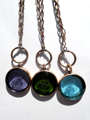 Necklace Intaglio Double Long Chain Periwinkle Aquamarine Green