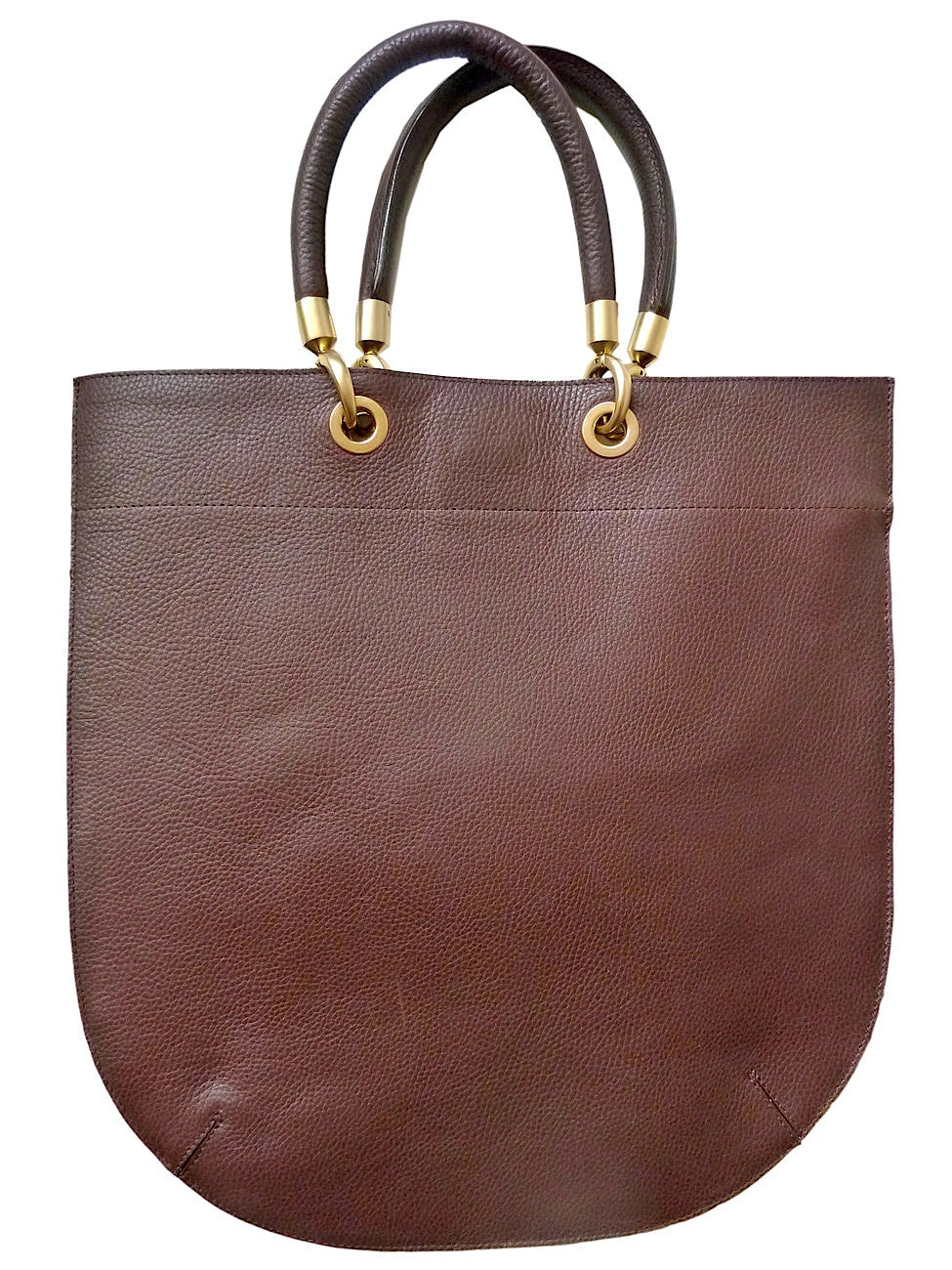 Flat Oblong Pebble Grain Leather Tote Bag Chocolate