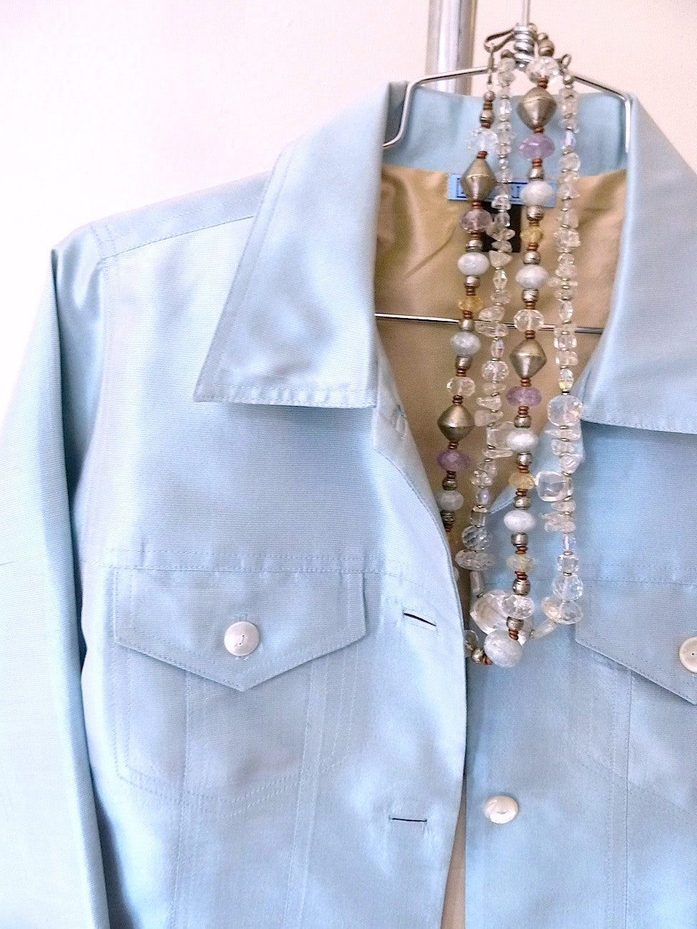 Jean Jacket Thai Silk And Mother Of Pearl Baby Blue Champagne