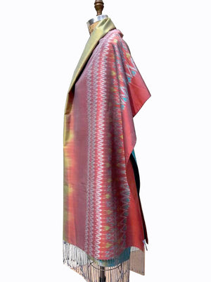 Large Silk Ikat Shawl Throw Aqua Celadon Red