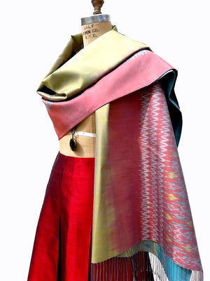 Large Silk Ikat Shawl Throw Aqua Celadon Red