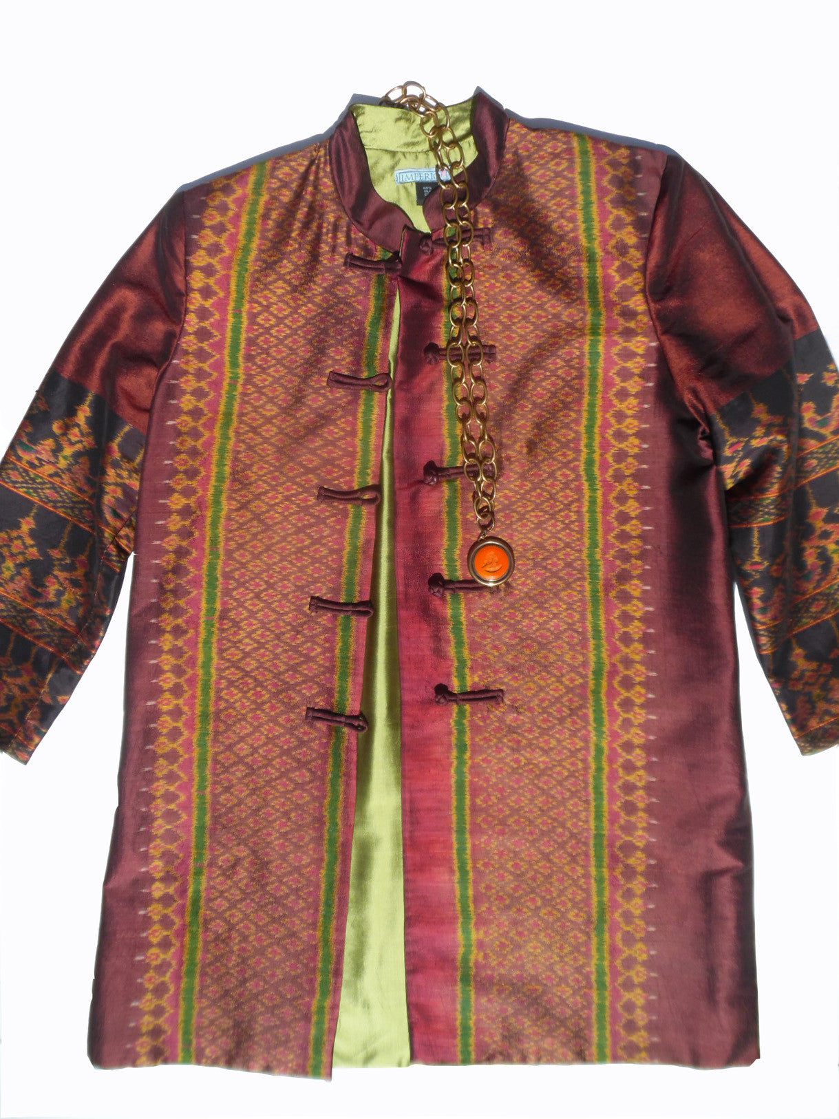 Long Mandarin Silk Ikat Evening Jacket with Lemongrass Lining