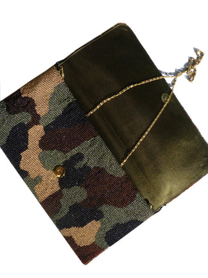 Beaded Large Envelope Clutch Bag Camouflage Gold