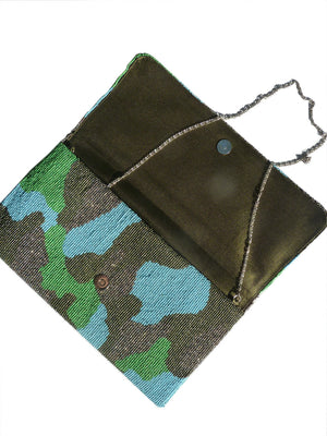 Beaded Large Envelope Clutch Bag Camouflage Royal Blue