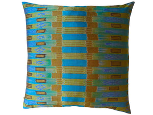 Thai Silk Modern Ikat Pillow Turquoise Gold Bars