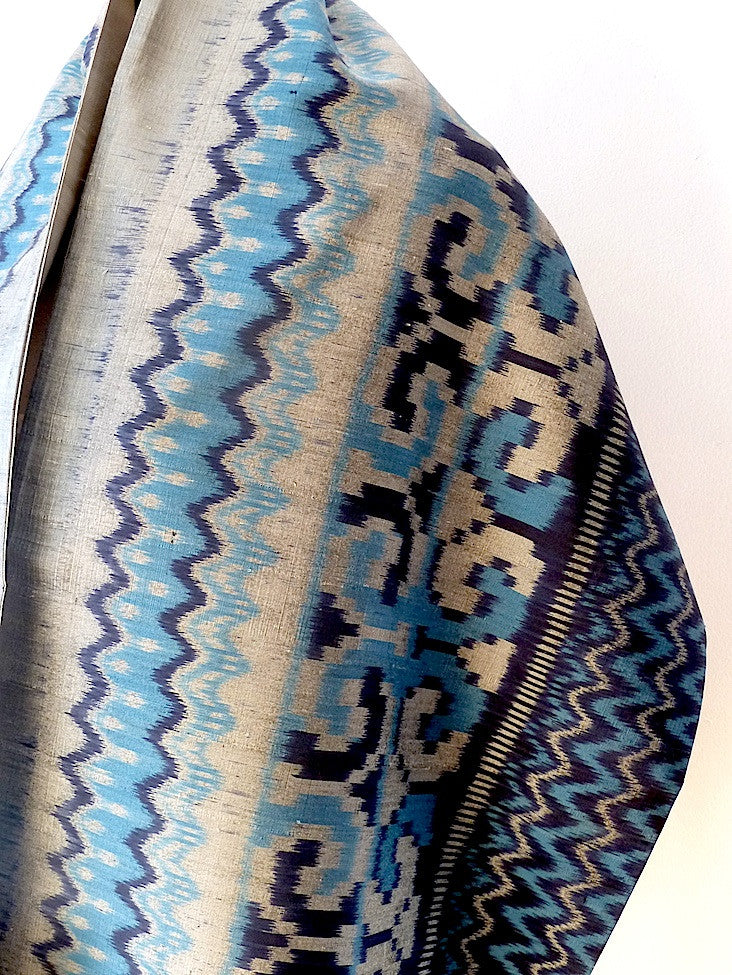 Silk Ikat Double Sided Shawl Silver And Blues