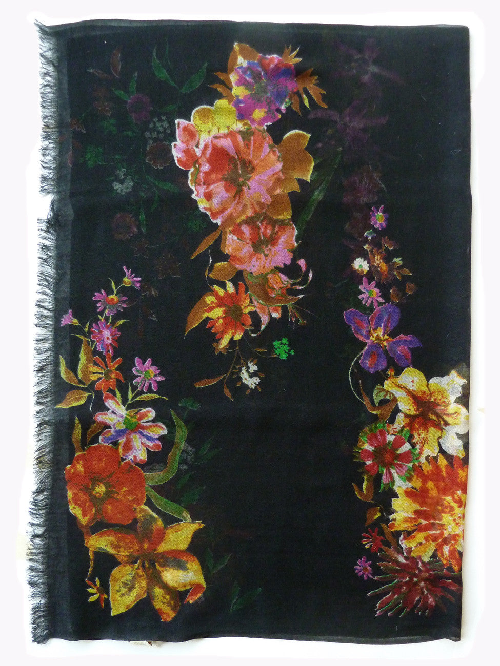 SHAWL SILK AND CASHMERE BLACK FLORAL