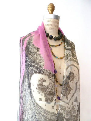 SHAWL SILK AND CASHMERE PAISLEY PINK BLACK AND WHITE