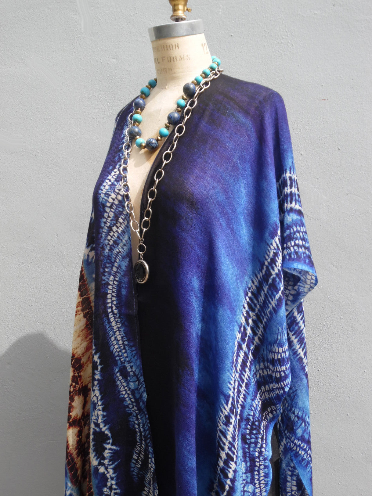 Cape Shawl Silk And Cashmere Navy And Brown Batik