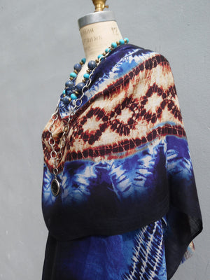 Cape Shawl Silk And Cashmere Navy And Brown Batik