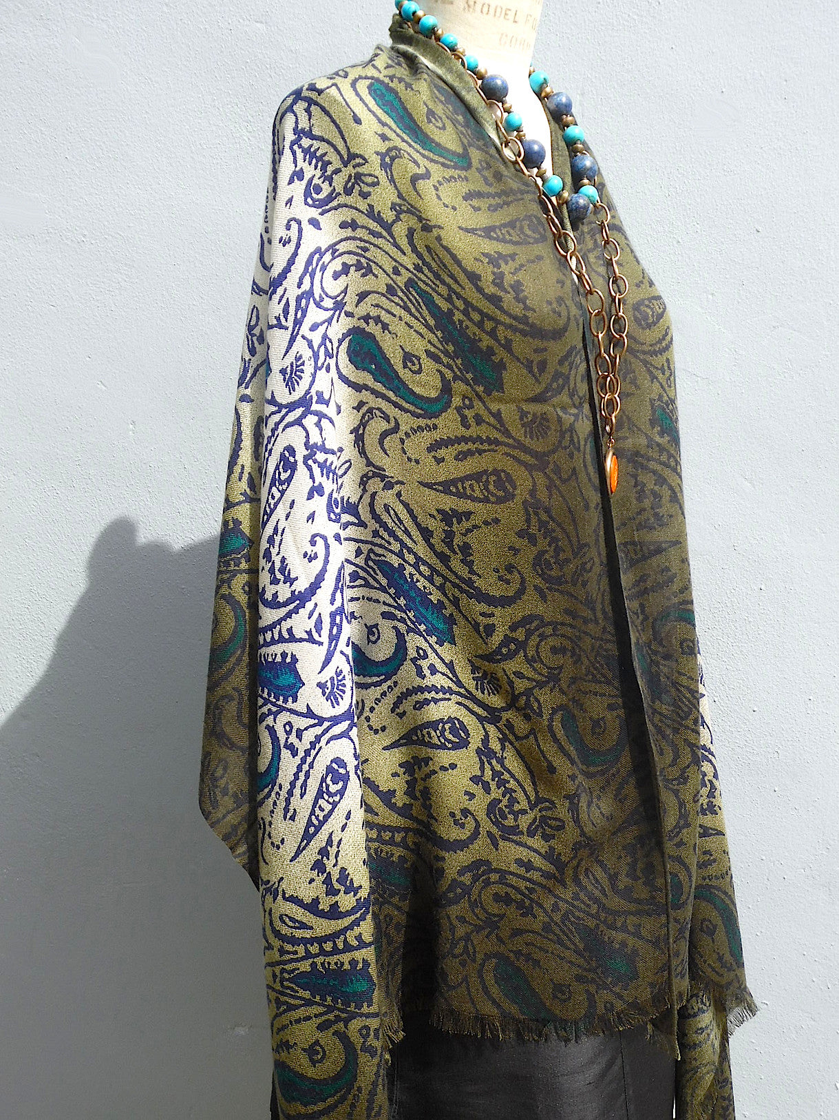 Shawl Silk And Cashmere Paisley Olive Cream Turquoise