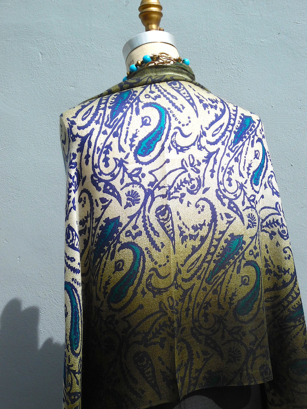 Shawl Silk And Cashmere Paisley Olive Cream Turquoise