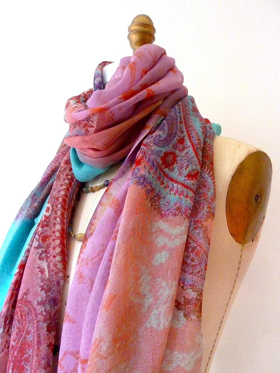 SHAWL SILK AND CASHMERE PAISLEY PINK AND TURQUOISE