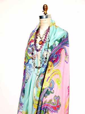 Shawl Silk And Cashmere Pink Turquoise Paisley