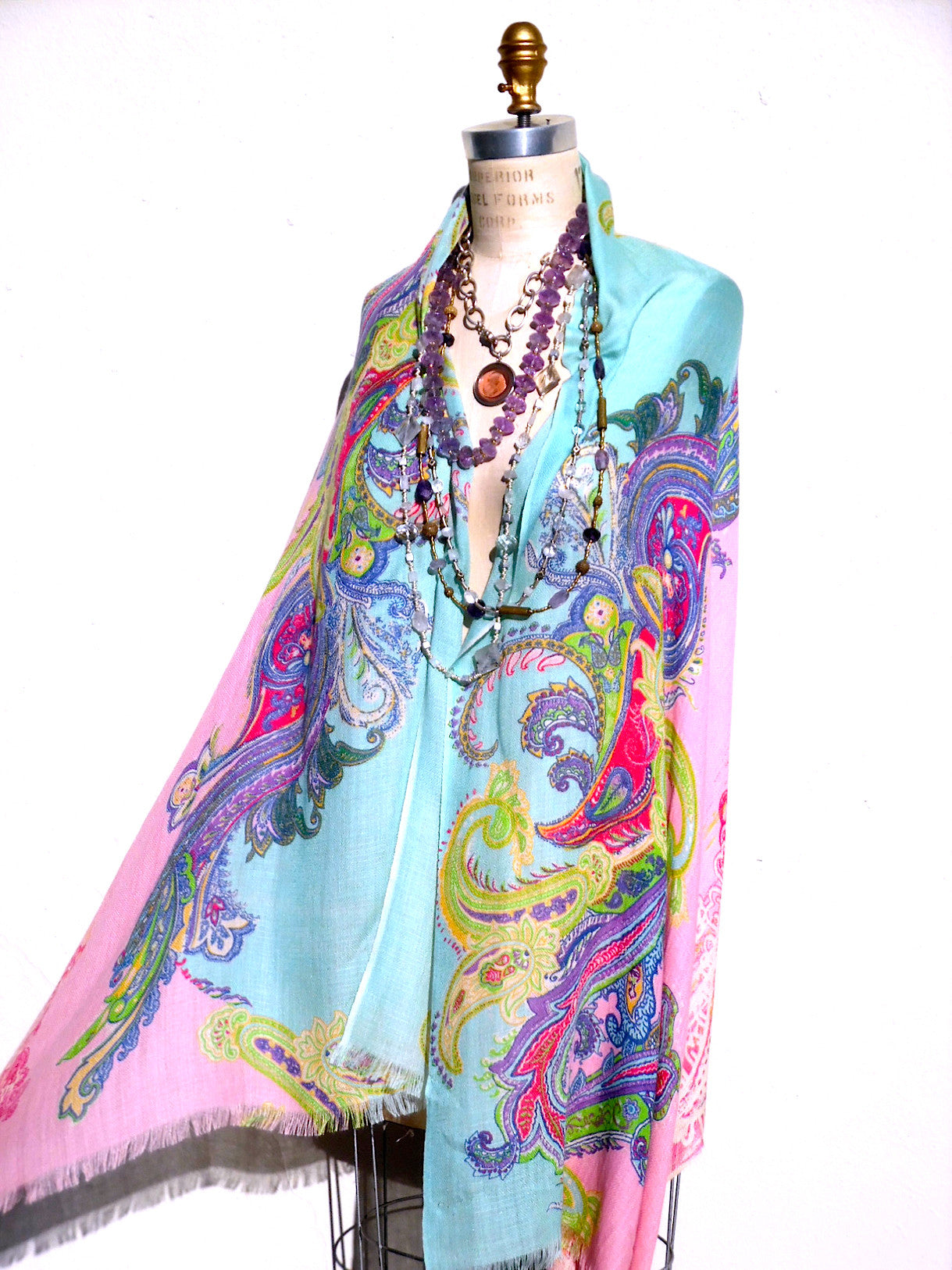 Shawl Silk And Cashmere Pink Turquoise Paisley