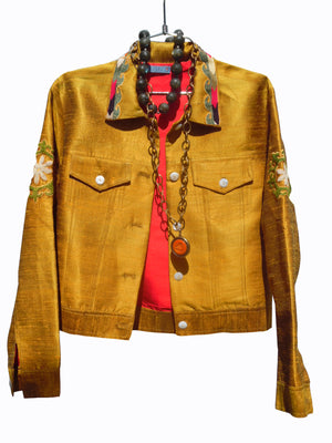 Silk Jean Jacket Vintage Suzani Amber Red