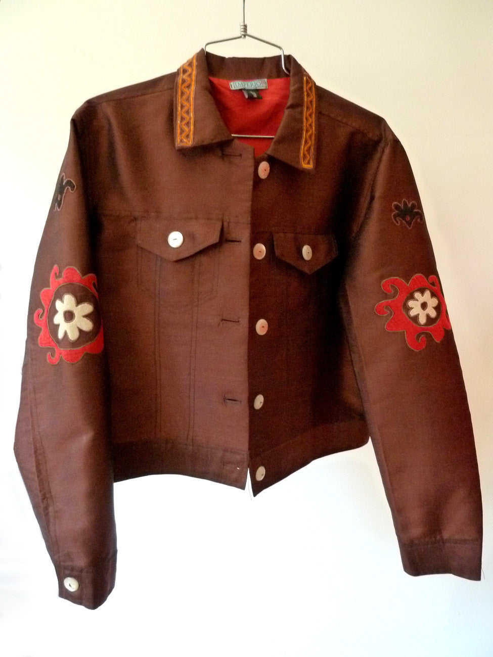 Jean Jacket Vintage Suzani Embroidery Chocolate Coral