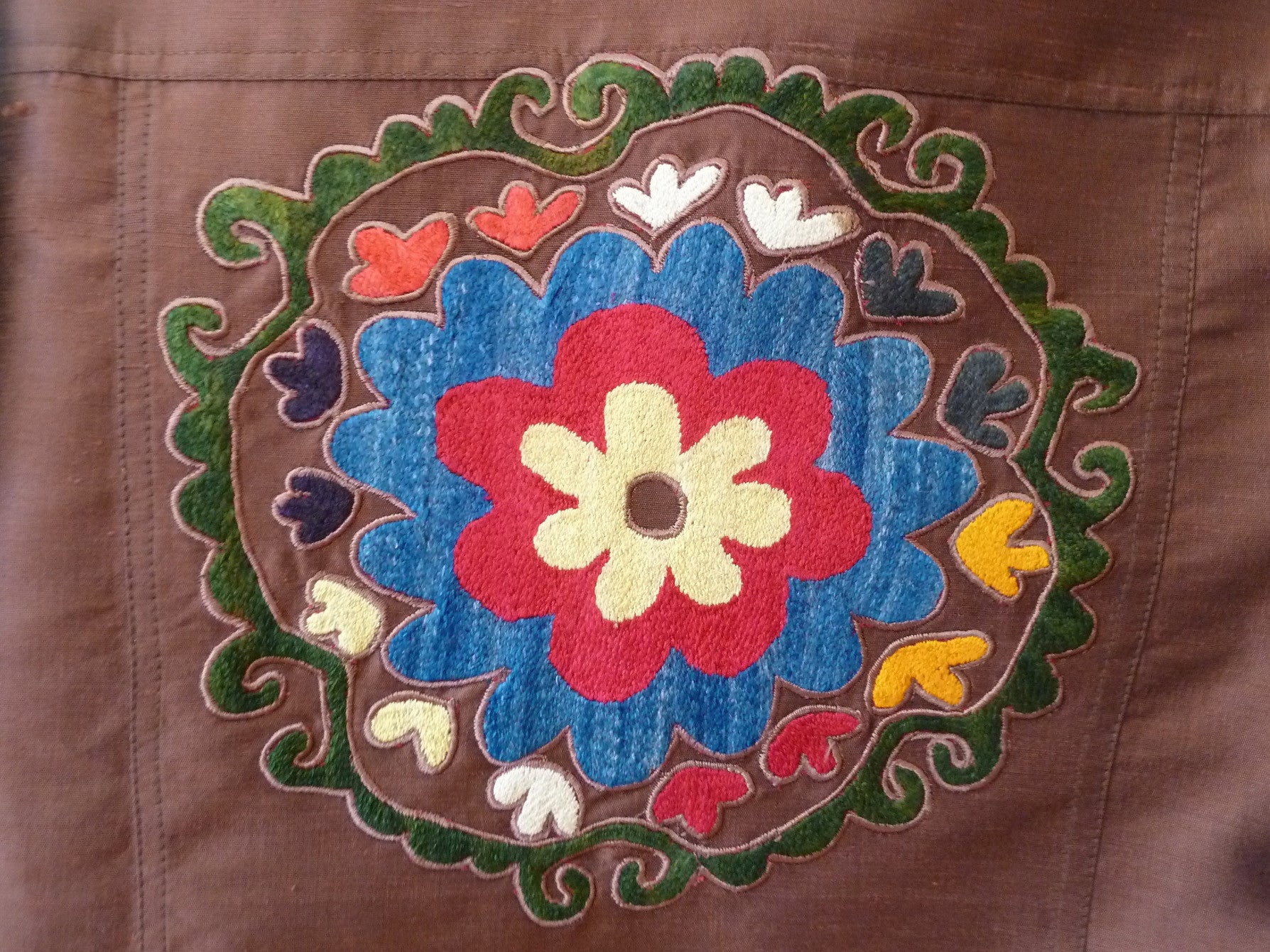 Jean Jacket Vintage Suzani Embroidery Chocolate Coral