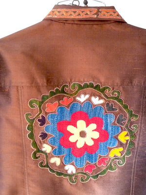 Jean Jacket Vintage Suzani Embroidery Blue Cord Multi with Coral