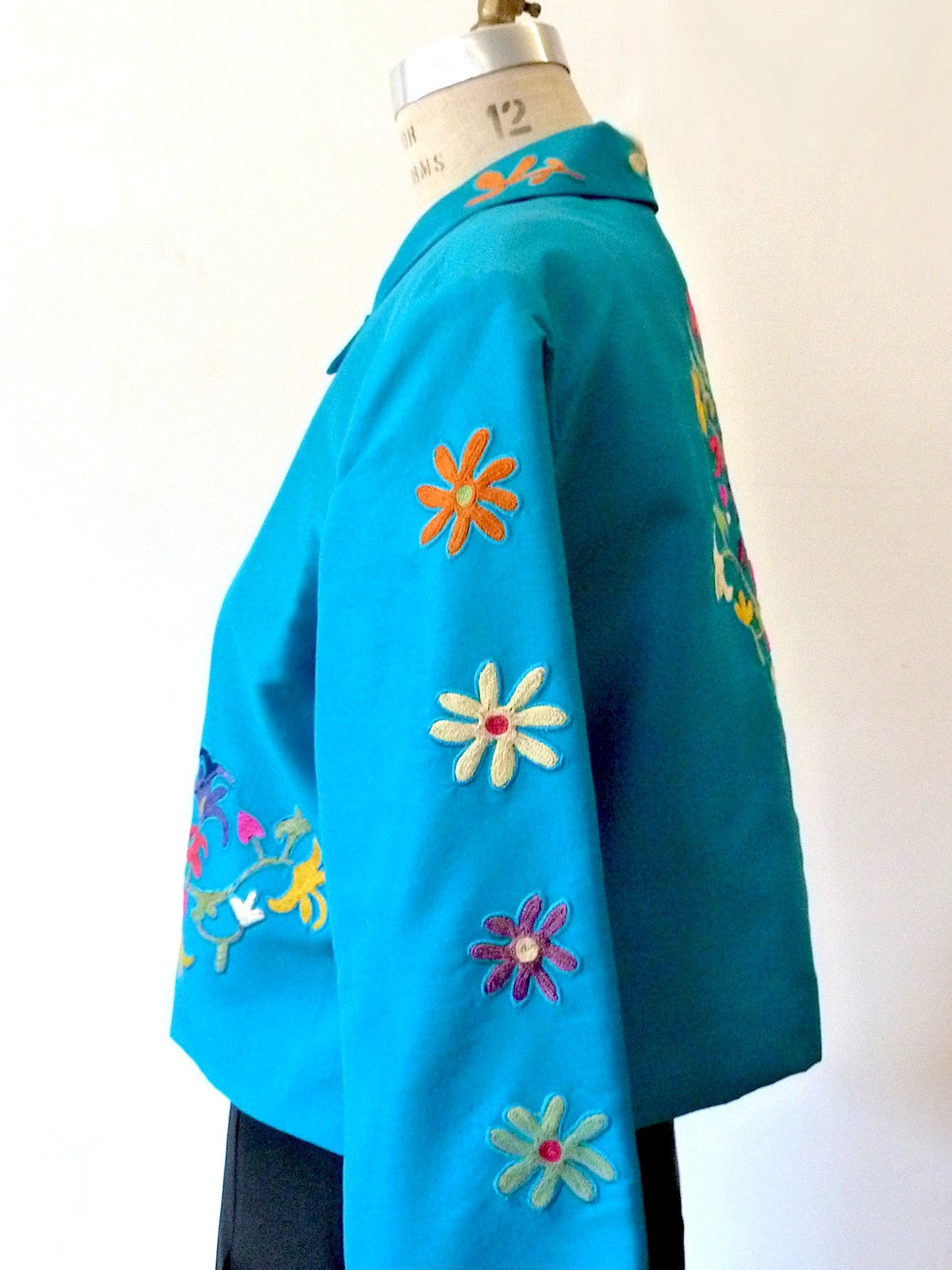 Box Jacket Vintage Suzani Embroidery Turquoise Yellow